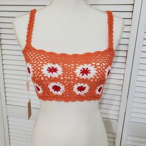 NWT Paradise USA Floral Orange and White Boho Crochet Top, Size Medium